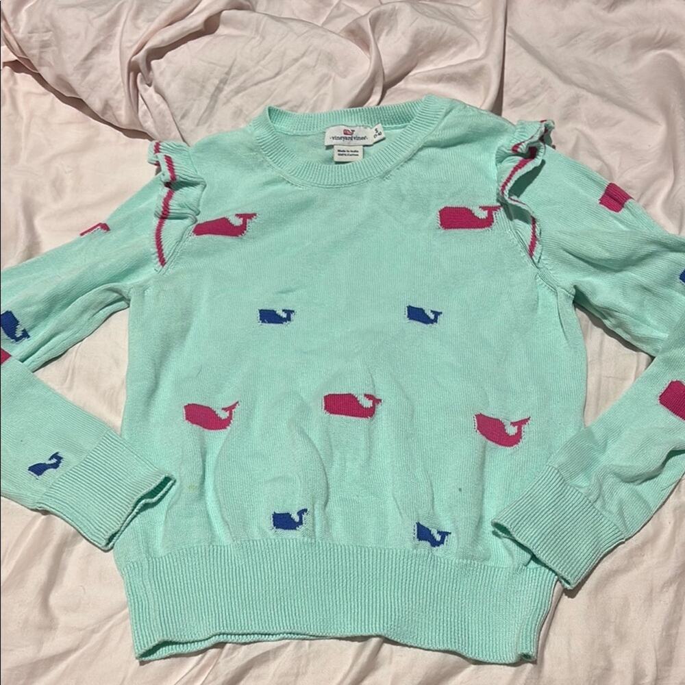 Vineyard Vines S 7/8 Green Crew Neck Sweater with Pink Whale Pattern nwot